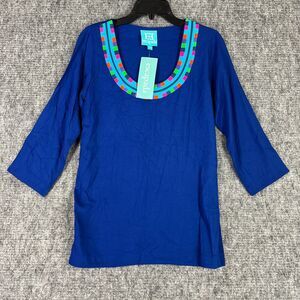 Escapada Shirt Womens Extra Small Blue 3/4 Sleeve Scoop Neck Below‎ Hips Blouse